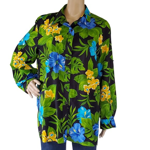 JONES NEW YORK Tropical Floral Blouse Women's 1x Plus Button Tab Sleeve Cotton - Picture 2 of 16